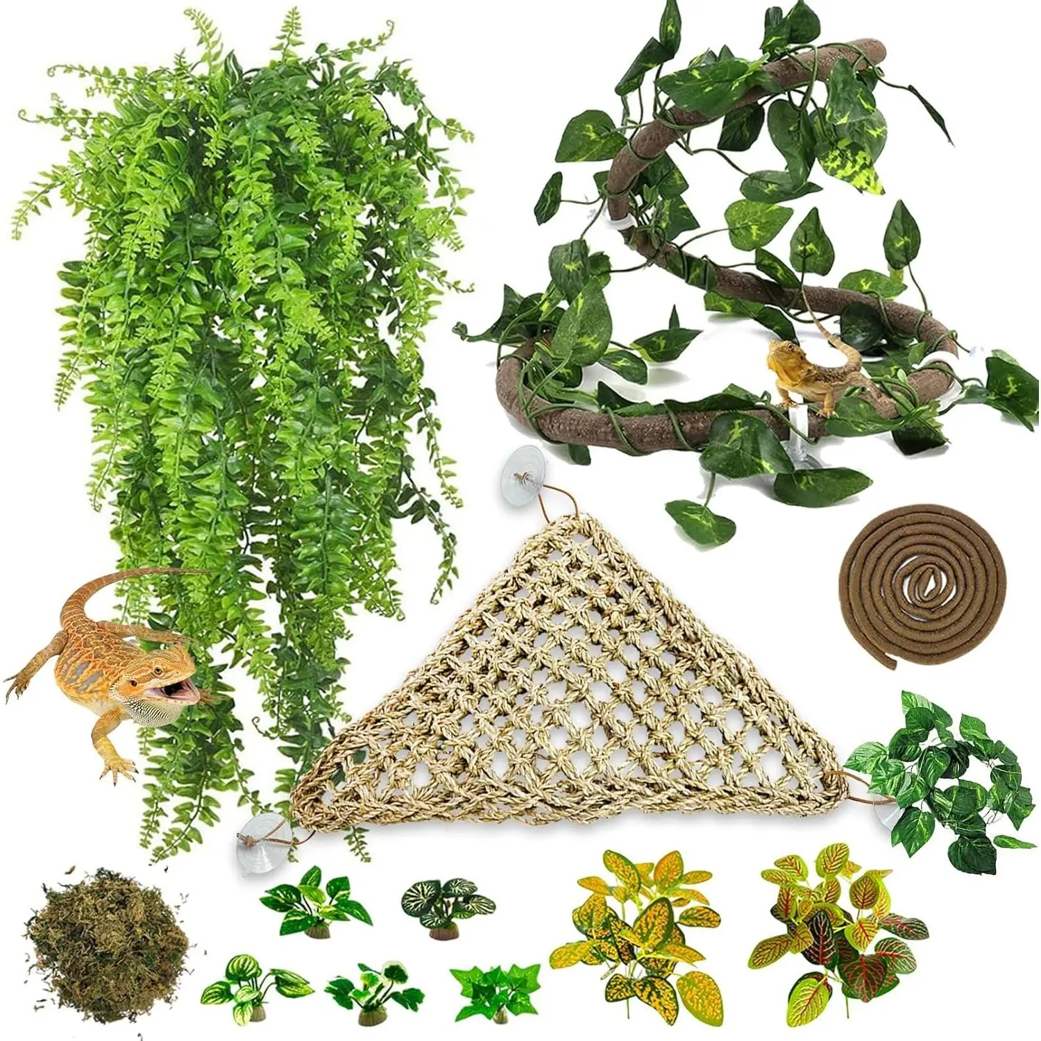 14 count Reptile  Sets, Bearded Dragon Hammock, Terrarium   Vines Artificial Leaves, Reptile Habitat Climbing Decorations for Chameleons, Lizards, Geckos, Snakes