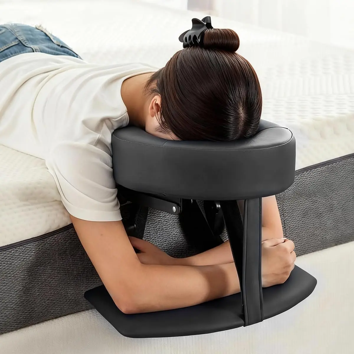Massage Headrest for Bed, Adjustable Massage Face Cradle at Home, Portable Bed Massage Head Holder, Massage Table Head Rest for Salon Spa, Face Down Pillow After Eye Surgery, Black with Armrest Lightweight