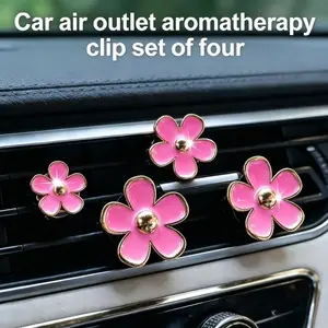New 4-Pack Pink Flower Car Air Freshener Vent Clips with Gold Accents, Universal Fit Auto Interior Decorations, Fashionable Car Accessories for Sedans, SUVs, and Trucks, Car Fragrance Set