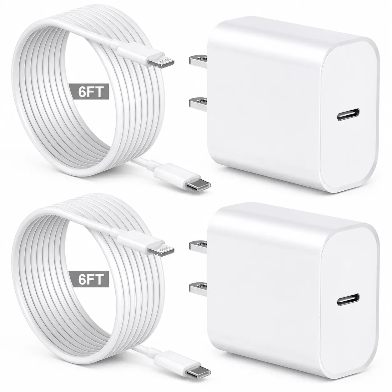 6FT Super Fast Charging 4-Pack Type-C Wall Charger Blockwith 4-Pack USB-C to Lightning Cable for iPhone 14/13/12/11/Pro/Pro Max/Mini/XsMax/XR/X, iPad