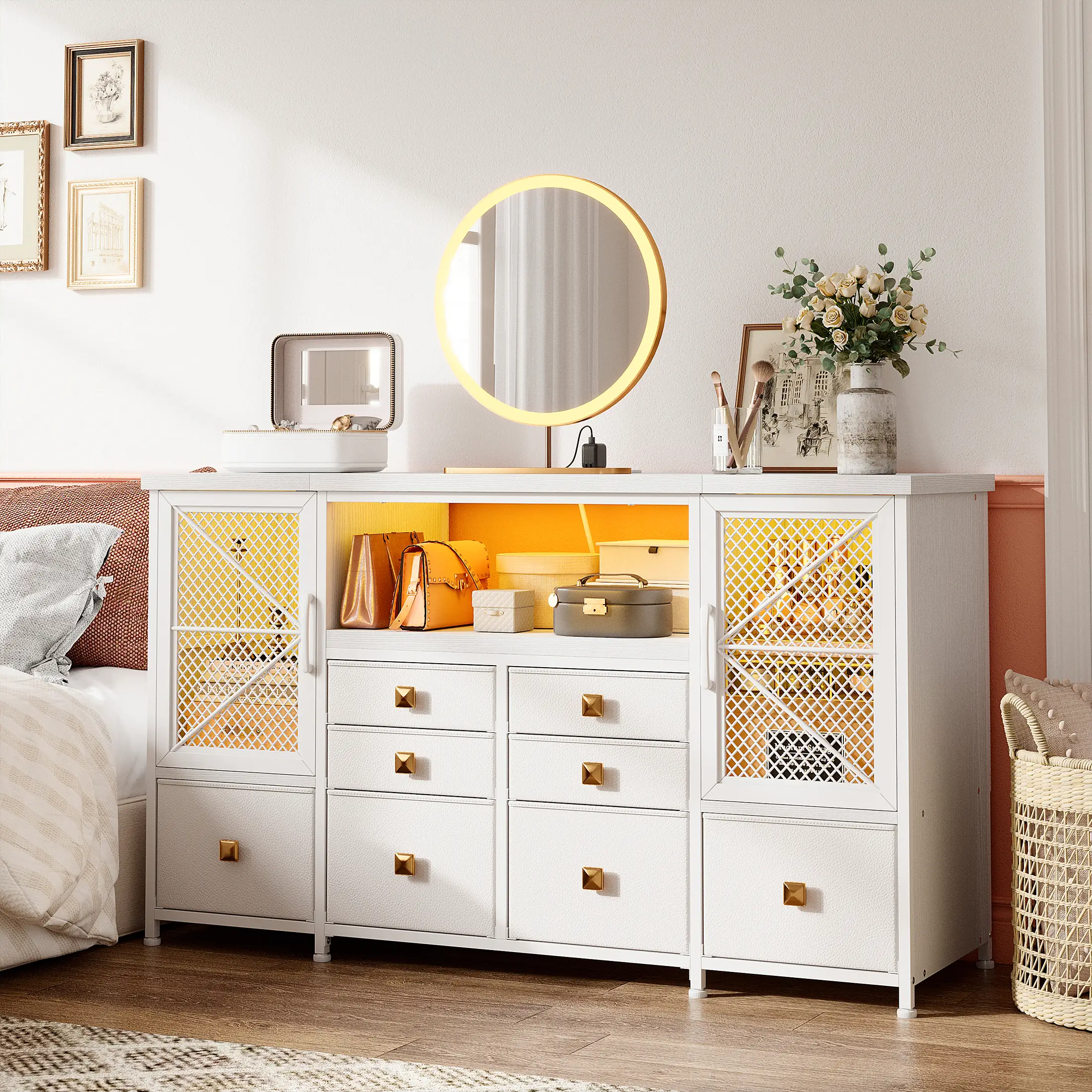 RaybeeFurniture Bedroom Dresser with 7-10 Drawers & LED Lights, Fabric Dressers & Chest of Drawers, for Closet, Entryway, Sturdy Metal Frame