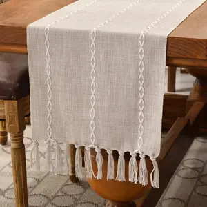 Rustic Farmhouse Style Table 90 inches Long Embroidered Fall with Hand-Tassels for, Dresser and Dining Room Decorations(Light Coffee, 13"*90")