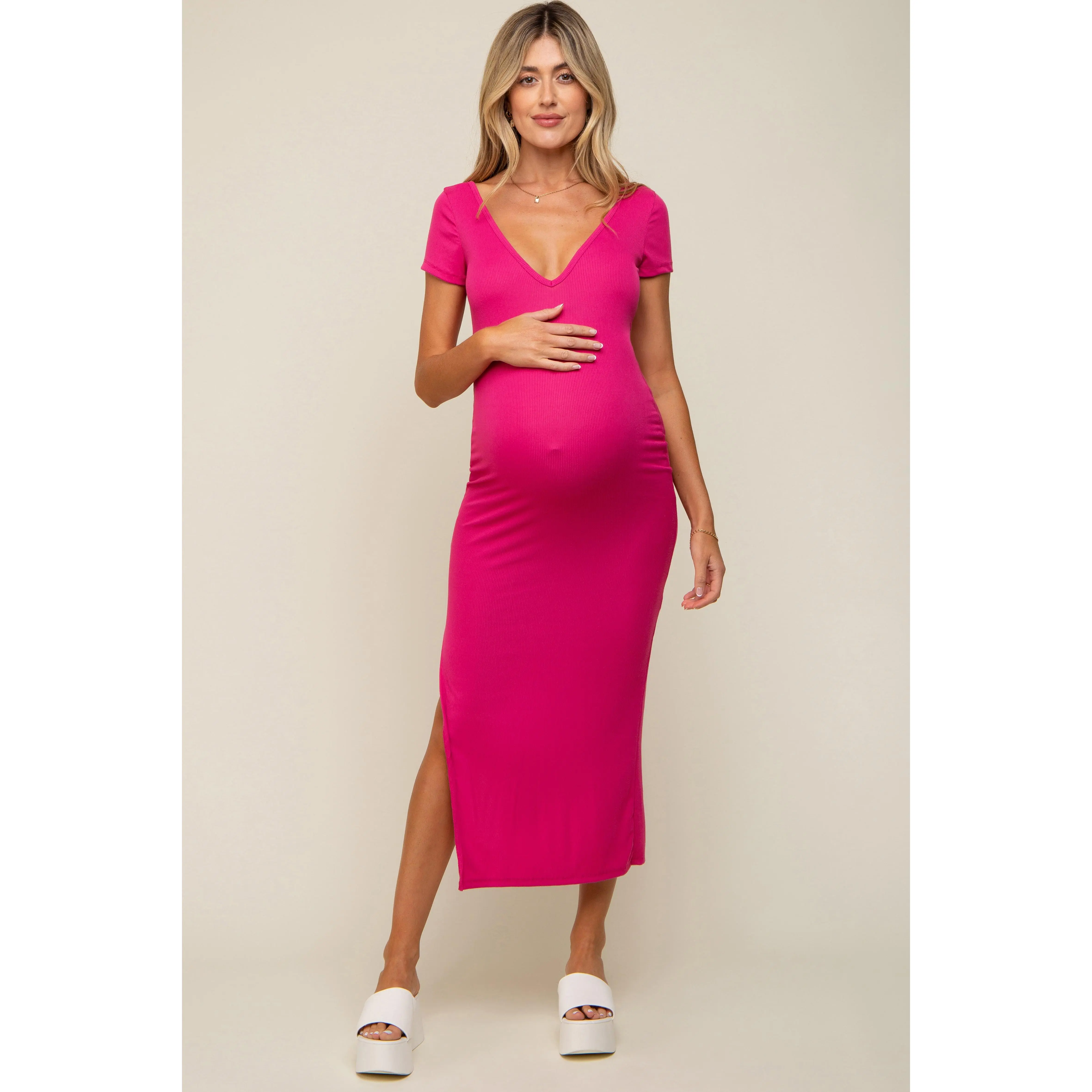 Fuchsia Basic Ribbed Side Slit Maternity Midi Dress