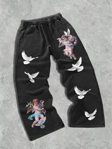 Men's Vintage Wide Leg Pants, Angel Dove Art Print Graphic, High Street Cool Style, Loose Fit, Casual Daily Wear, Trendy Party