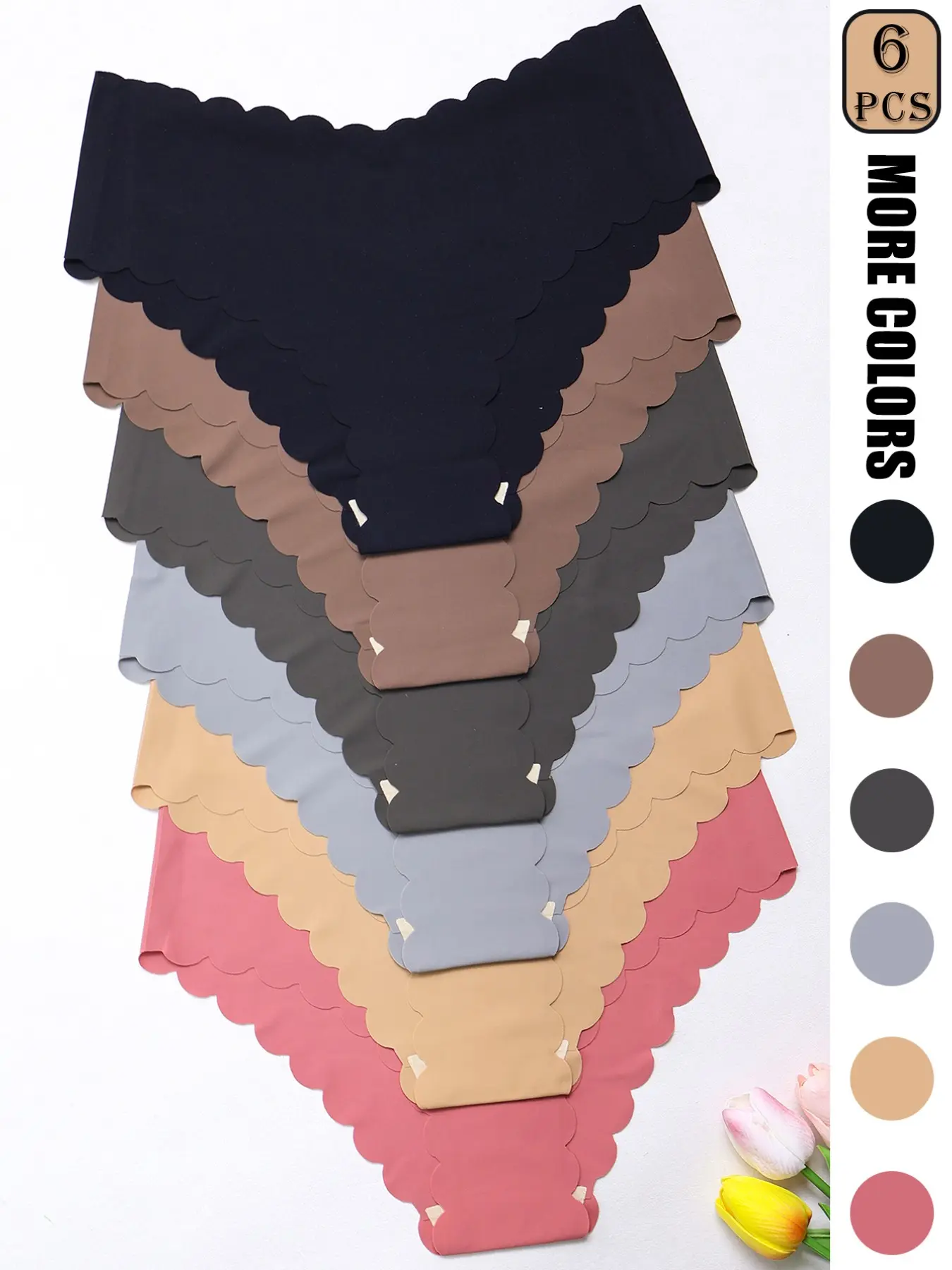 6-Pack Elegant Solid Color Seamless Smooth Women's Panties - Scallop Trim Panty, Scallop Trim Knicker, Breathable & Quick-Dry Nylon Blend, Scalloped Wave Hem, Comfort Stretch for Yoga, Fitness, Dance, Seamless Soft