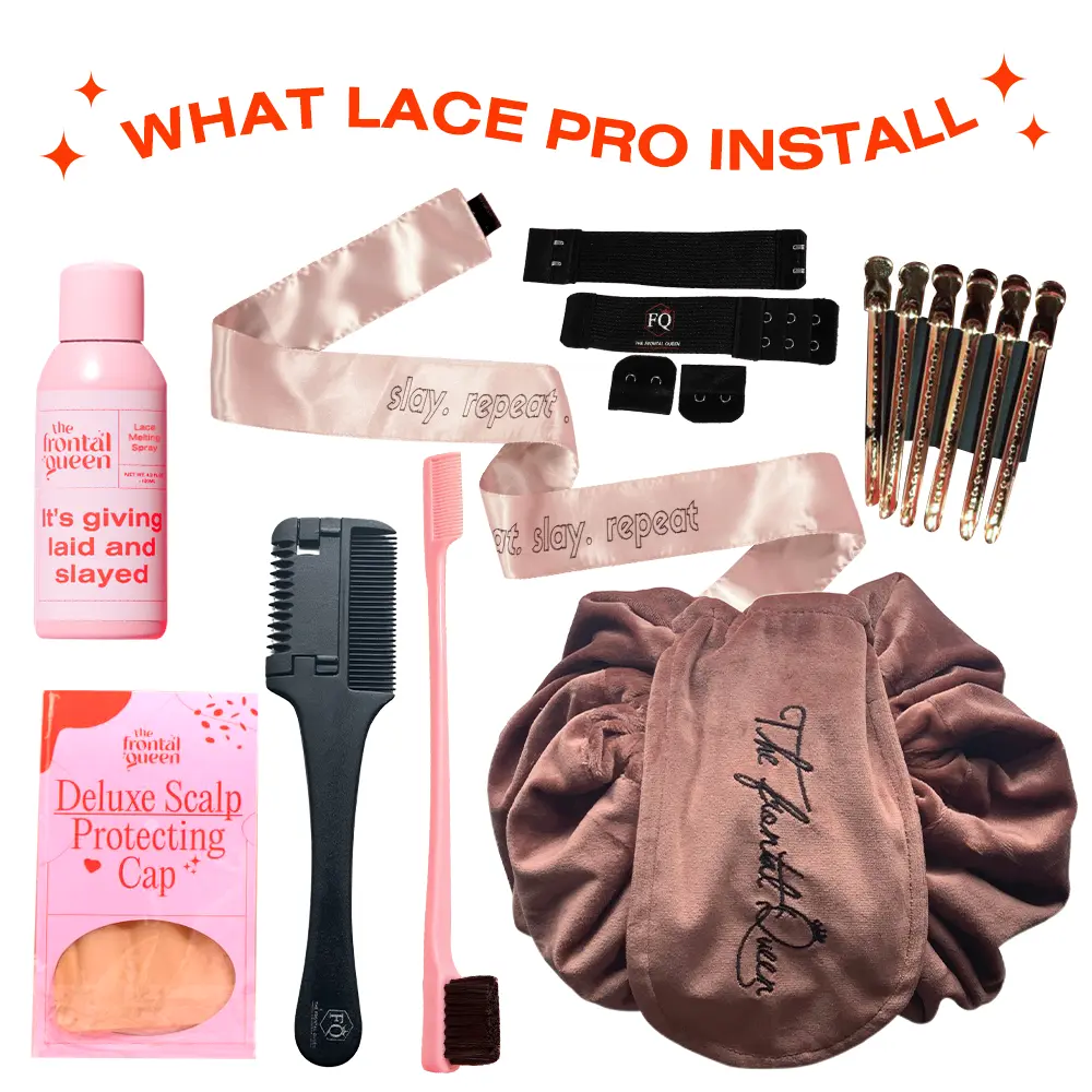 The Frontal Queen What Lace Pro Install Kit - Deluxe Wig Tool Set with Lace Melting Spray, Razor, Edge Brush, Cap & Styling Tools for Flawless Melt & Seamless Hairline Results