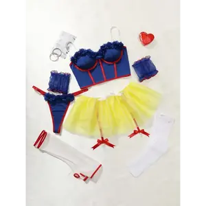 1set Sexy Women's Outfit Adult Role Playing Fairytale Princess Lingerie Set-Delicate Lace Trim Bra Skinny Underwire Top Flirty Short Skirt, Dainty Arm Ring-Halloween Romantic Set,Crop Top Arm Sleeves,Garter Belt And Panties,Puffy Skirt & Fabric Womenswear