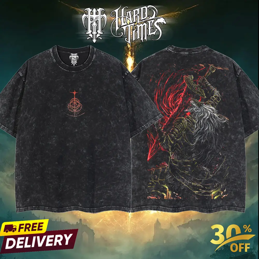 Men's Oversized Cotton Round Neck Shortsleeve Top - Elden Ring Maliketh the Black Blade Boss FromSoftware Collection, Retro Limited Vintage Acid Washed Lightweight Streetwear with Seamless Tweed Accent, Digital Print Gift for Him
