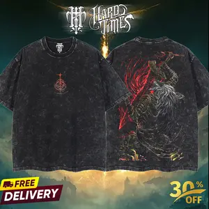Men's Oversized Cotton Round Neck Shortsleeve Tshirt - Elden Ring Maliketh the Black Blade Boss FromSoftware Collection, Retro Limited Vintage Acid Washed Lightweight Streetwear Clothes with Seamless Tweed Accent, Digital Print Apparel Gift for Him
