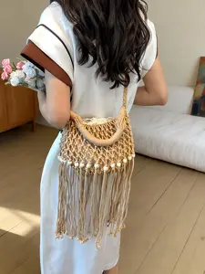 Boho Handmade Fringe Fishnet Bucket Bag, Drawstring Closure Wooden Bead Hollow Beach Bag, Women's Travel Picnic Vacation Crossbody Bag