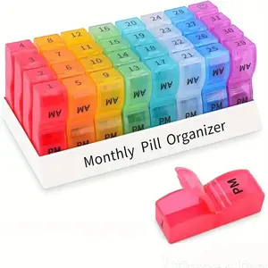 1-Month Pill Organizer with Am/pm Compartments, Twice Daily Medication Case, 30 or 31-Day Calendar, Color-Coded Days, Food-Safe Medicine Box, Vitamin Organizer
