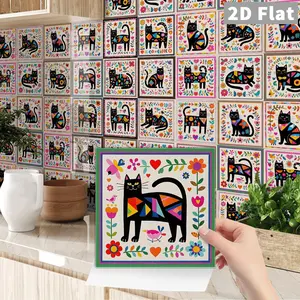 24 PCS NHZ Mexican Frida Style Cat Pattern Crystal Film Wall Stickers, Peel and Stick DIY Backsplash, Removable Waterproof Oil-Proof Stain-Resistant Decals for Kitchen Backsplash Bathroom Furniture Stairs