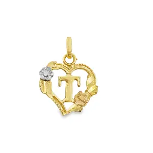 14k Heart Initial T Pendant