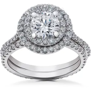 2 ct Round Halo Lab Grown Diamond Engagement Ring Setting & Eternity Band 14k