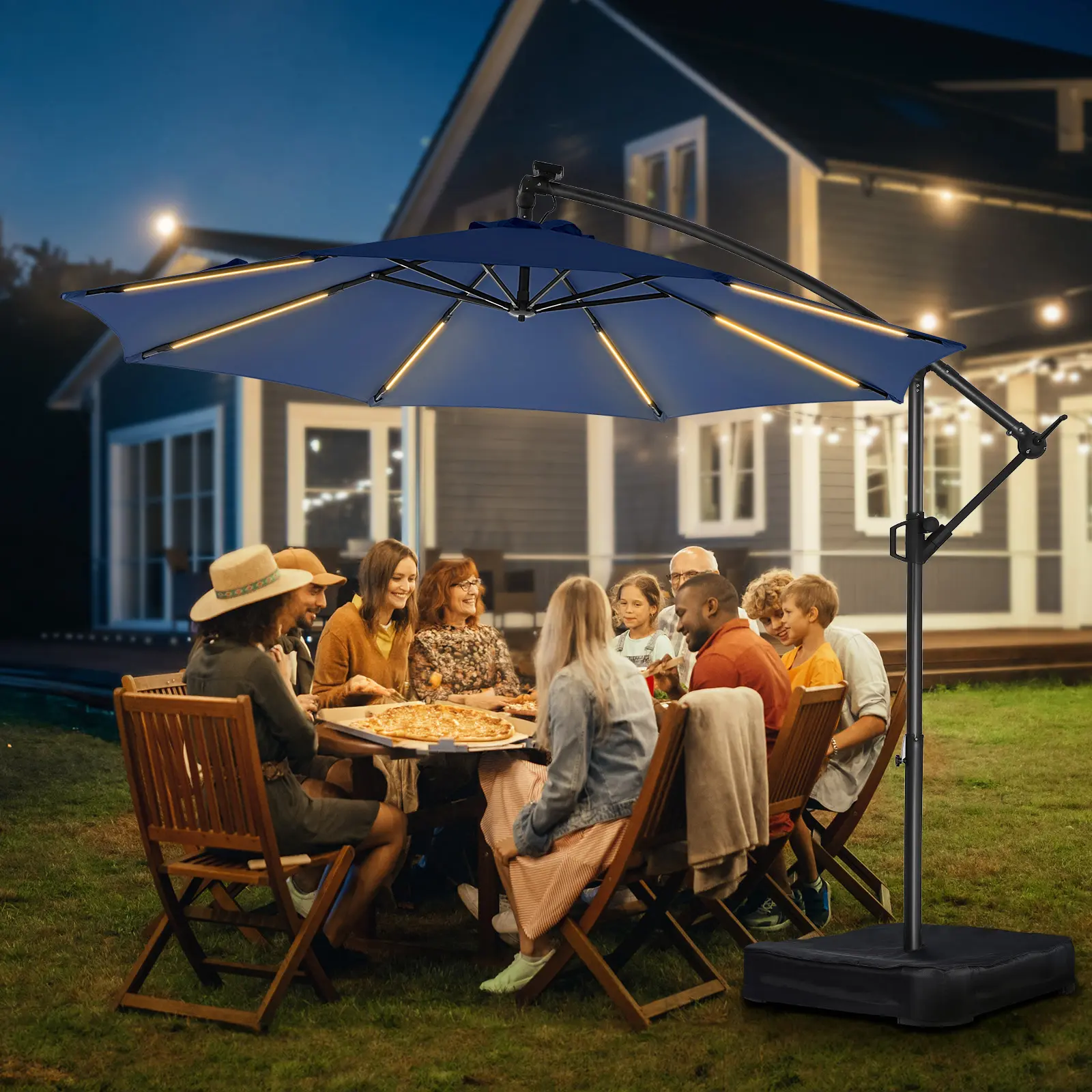 【With Base & Lights】10ft Offset Outdoor Patio Umbrella with Base, Easy Tilt & Crank, Adjustable Solution-Dyed Fabric  for Garden, Backyard, Poolside