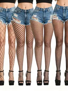 4 Pairs Women's Charcoal Fishnet Pantyhose, Multiple Mesh Sizes, High Elasticity, Classic Punk Y2K Style, All Seasons