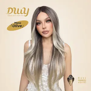 Olive H-DWY Mono Lace Front Free Part Long Straight  Brown with Highlights Glueless Synthetic Wig for Women 28 Inches