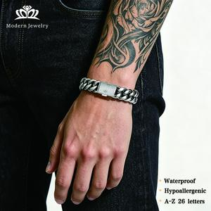 Silver Stainless Steel Cuban Link Bracelet for Men, 14mm Heavy Chain with A-Z Initial Letter Clasp,14mm width, 7.5/8.5 inches length Gothic Punk Hip Hop Style, Personalized Modern Jewelry Gift for Him,Waterproof, Hypoallergenicl