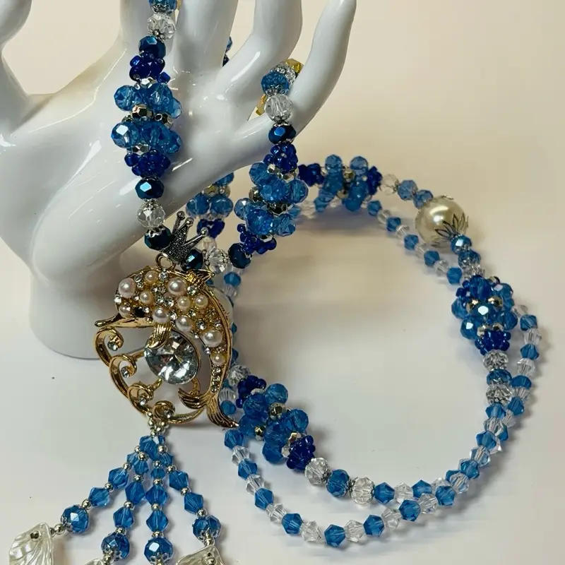 Yemaya Necklace with Blue and Clear Beads and Gold-Tone Accents for Elegant Style