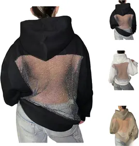 Crystal Mesh Back Hoodie - Hoodie Hollow Mesh Back Women's Sweatshirt,Breathable Party Long Sleeve Top,Y2K Cutout Sweatshirt