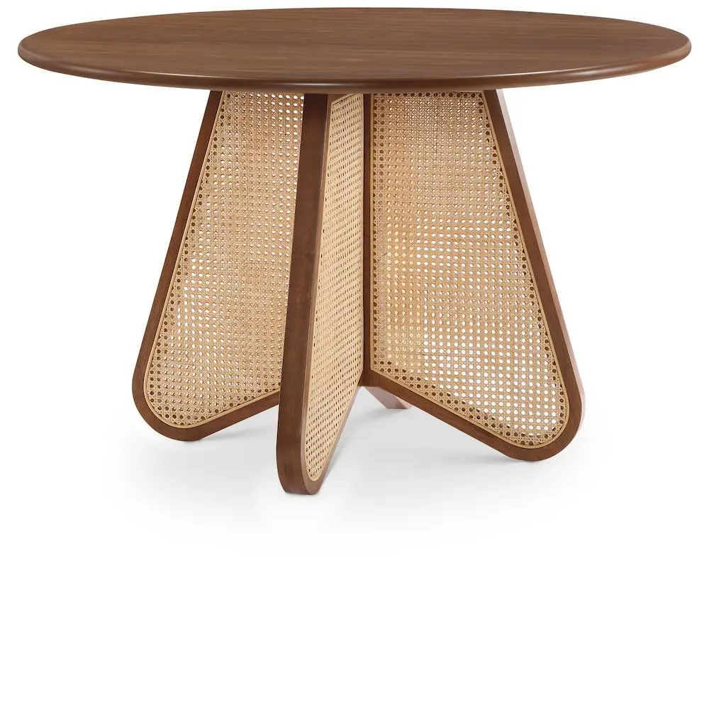Butterfly Brown Mid-Century Dining Table, Cane Base, Rubber Wood Construction, Walnut Finish, Indoor Furniture Piece