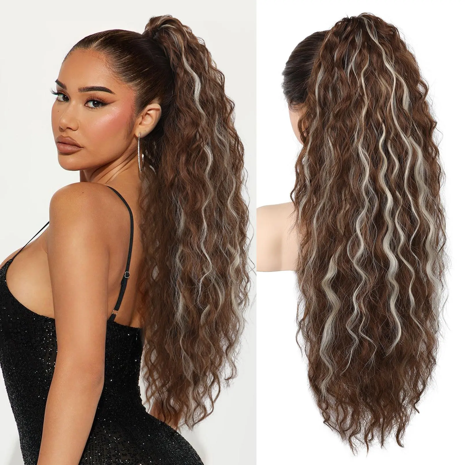 REECHO 30-34" Long Ponytail Extension Curly Wavy Pony Tail Hair Extensions Claw Clip-on Clip-in Drawstring Pony Tails Synthetic Fiber Hairpiece Flurry Soft for Women