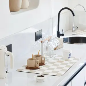 Checkered Dish Drying Mat for Kitchen Counter, Coffee Bar, Coffee Station Accessories, Retro Aesthetic Cute Absorbent Coffee Mat Kitchen Drying Mat Easy Clean, Beige 12" x 19"