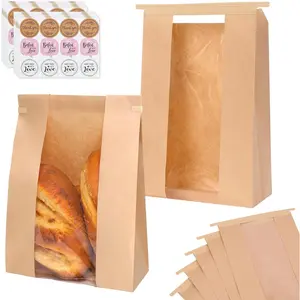 120 Pack Large Paper Bread Bags for Homemade Bread, 13.7x8.3x3.5 Inches, Sourdough Bread Bags with Tin Tie Tab and Clear Front Window, Includes 144 Label Seal Stickers (Brown)