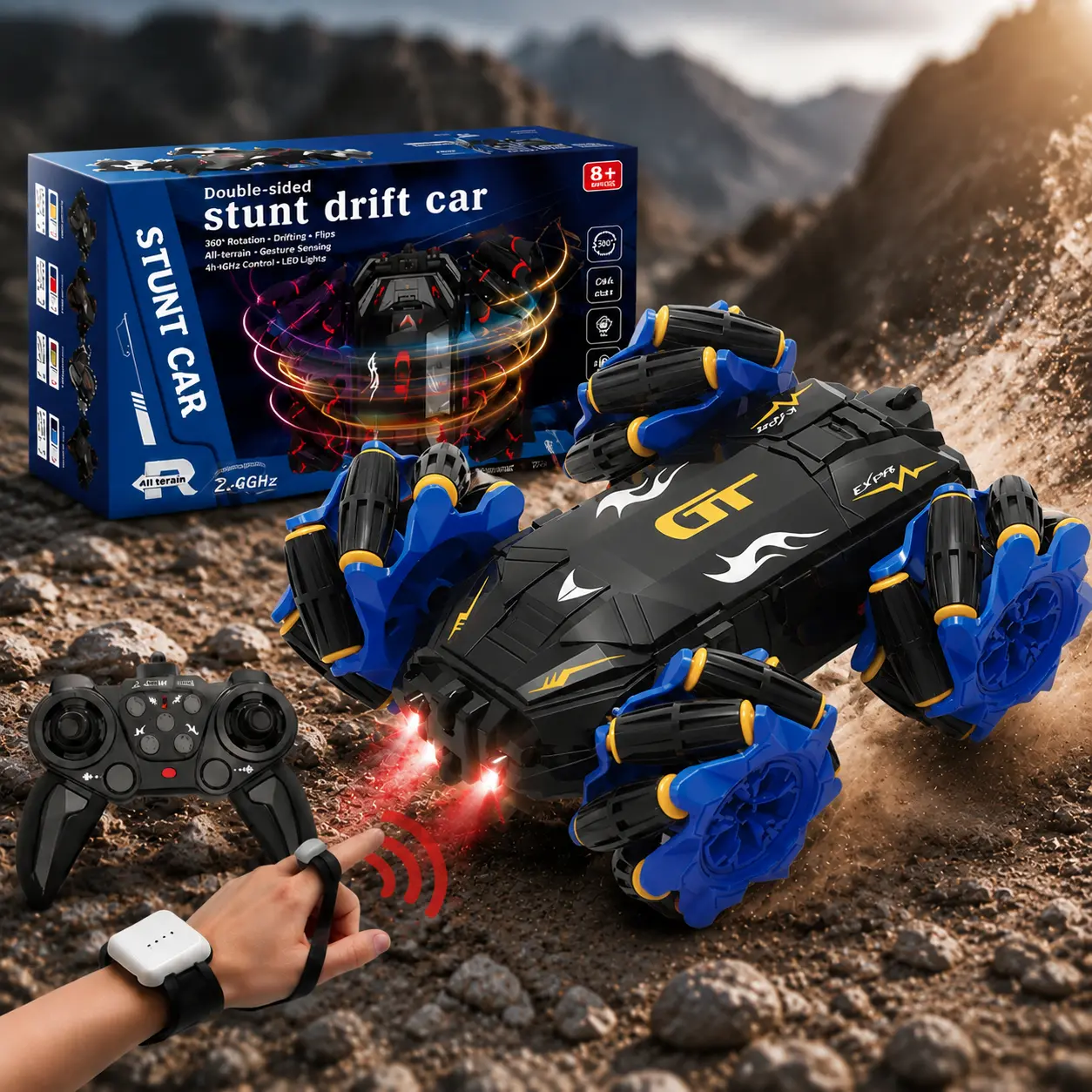 4WD Gesture Sensing RC Stunt Car - 360° Rotation, Drift, Double-Sided Off-Road, LED Sounds, Built-in Li-ion Battery, Boys' Toy for Ages 6+, Holiday Gift