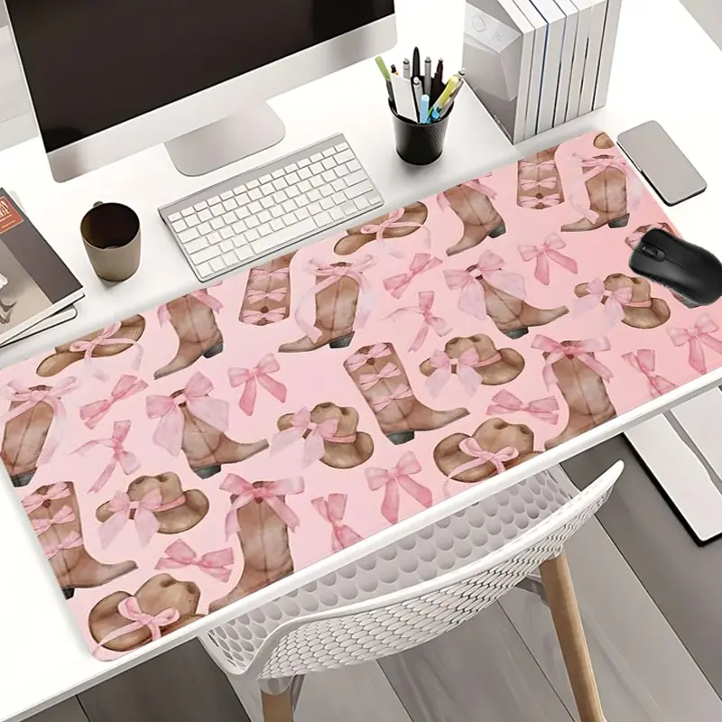Coquette Cowboy Boot & Pink Bow Desk Pad Girly Office Supplies, Office Accessories, Gaming Mousepad XXL for Laptop Desk Extra Large with Non-Slip Rubber Base Stitched Edges for PC Gamers Office Workers & Home Use