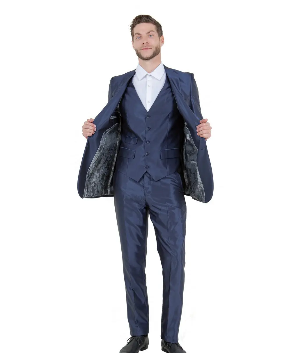 Sharkskin 3-Piece Slim Fit Suit with Five-Button Vest - Navy