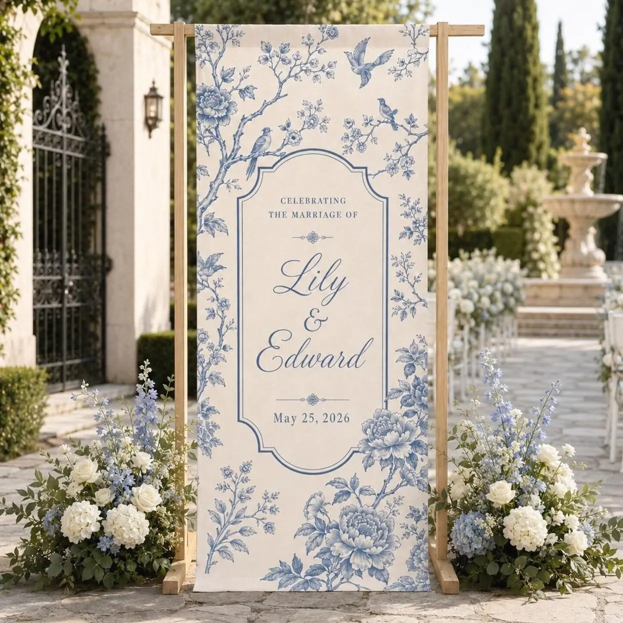 Personalized Blue Chinoiserie Wedding Banner, Floral Welcome Sign, Garden Ceremony Entrance Decor, Custom Fabric Reception Sign Gift