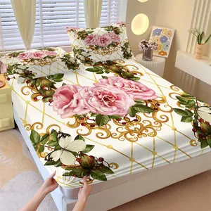 Luxury Pink Gold Grid Rose Fitted Sheet Set & 2 Coreless Pillowcases, White Background, Gold Diamond Pattern, Scrollwork Border & Pink Roses, Soft Anti-Wrinkle, Breathable Fitted Sheet, Vintage Court Style Bedroom Decor, Gift Choice