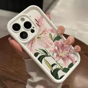 Vintage Floral Lily Pattern TPU Phone Case for iPhone 17 16 15 14 Pro Max 13 12 11 mini XS Plus Shockproof Drop Protection Rugged Durable Silicone Cover Cellphone Protective Casing Screen Protector Smartphone Flower Black Non-Woven