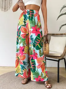Women's Tropical Plant Print Casual Vacation Wide Leg Pants, Party, Comfortable and Stylish, Perfect for Relaxing and Traveling