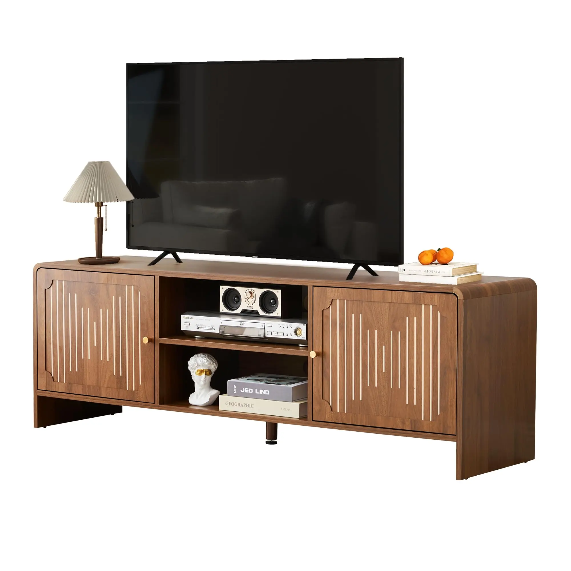 Giratree 58'' L Walnut TV Stand for TVs up to 65'', Mid Century Modern Media Console Entertainment Center Table with Storage Cabinets & Open Shelf, Wood TV Console Table for Living Room, Office