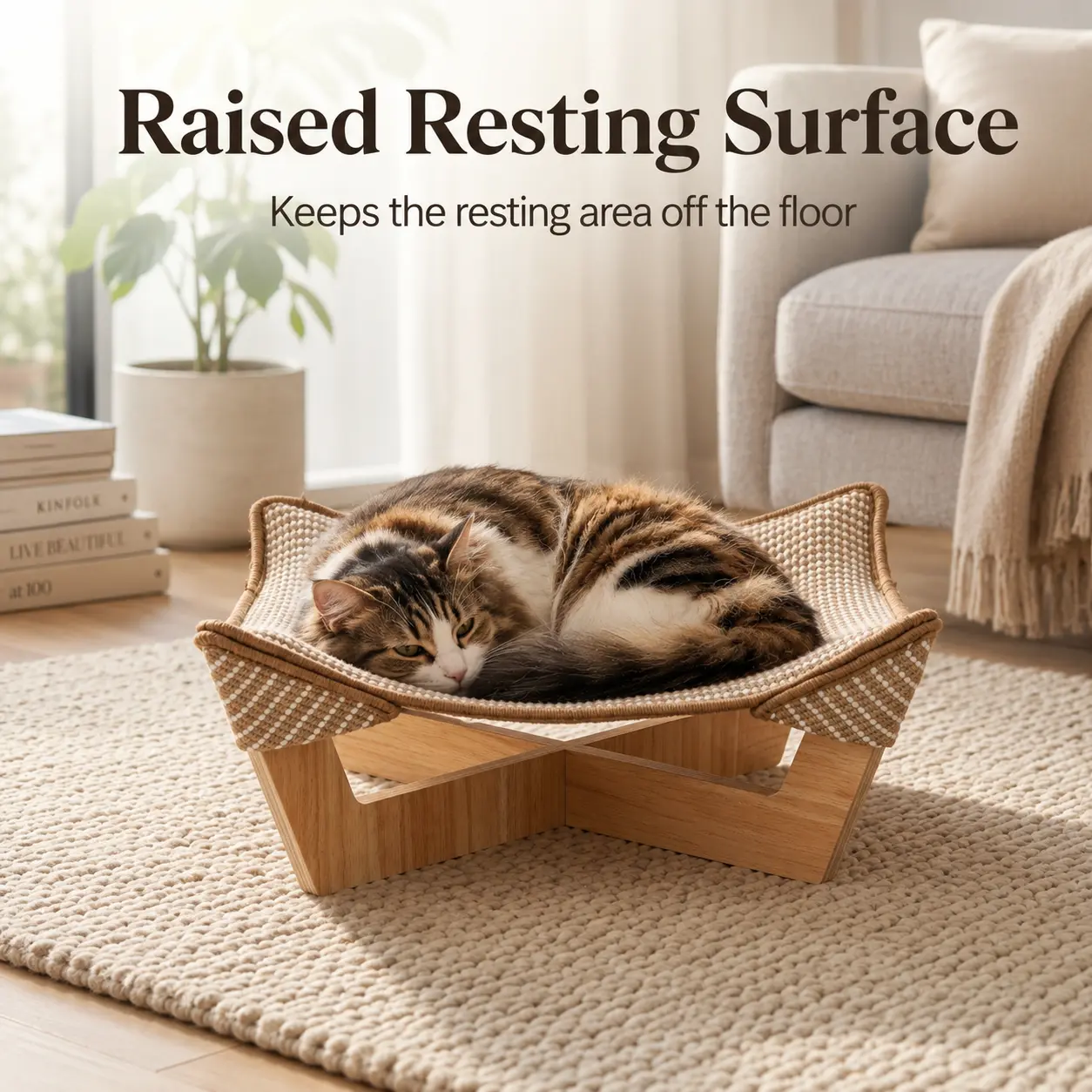 Solid Wood Elevated Pet Bed Cot for Cats & Small Dogs - No-Tool Assembly, Quick Setup, Screw-Free Design, Ventilation Woven Mesh Mat