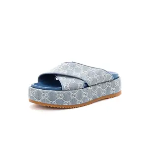 Pre-owned Gucci Women's Criss Cross Platform Slide Sandals GG Denim by Rebag