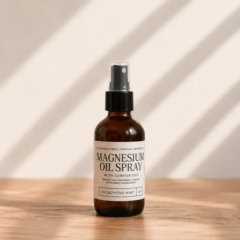 Magnesium Oil Spray with Carrier & Essential Oils for Sleep Anxiety and Muscle Recovery in 2oz Amber Glass Bottle