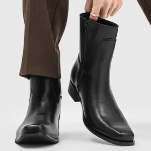 Men’s glossy smooth leather square-toe Chelsea ankle boots with an internal side zipper, low stacked square heel, minimalist clean cut—suitable for commuting, smart casual, and everyday wear.
