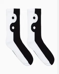 Classic Crew Socks w/ Ribbed Tubing - Yin Yang-Black & White, 80% Cotton 18% Nylon 2% Spandex, Seamless Toe Seam, Padded Soles, All Seasons Womenswear Fit Style Yarn Bridal