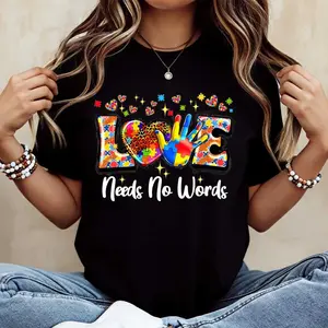Love Needs No Words Puzzle Piece Heart And Rainbow Hand Print T-Shirt Crewneck Casual Wear For Autism Awareness