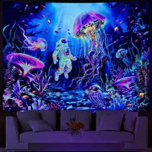 Blacklight Astronaut Tapestry UV Reactive Jellyfish Wall Hanging Fantasy Under The Sea World Wall Tapestries Aesthetic Neon Coral Plants Backdrop for Bedroom