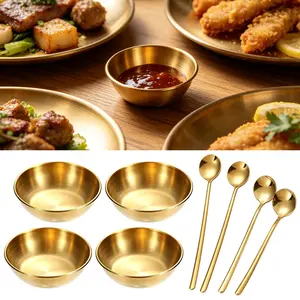 4 set Decorative Gold Stainless Steel Bowls Vogue Mini Tea Spoon Round Seasoning Dishes Sushi Dipping Bowl for Mixing, Soup, Dessert, Cereal, Fruit, Snack