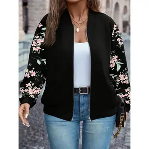 Chic Plus Size Floral Print Bomber Jacket for Women - Casual Zip-Up Baseball Collar Coat, Machine Washable