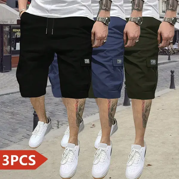 Men’s three-piece set featuring black cargo shorts in navy olive tones, a classic Japanese tropical-style solid-color pocketed outfit suitable for everyday streetwear.