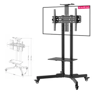 32-65 Inch Rolling TV Stand、Heavy Duty Mobile TV Cart 110 Lbs、Tilt TV Stand with Shelf、Adjustable Height Rolling TV Stand、Flat Curved Screen TV Cart、Bedroom Living Room Office TV Stand