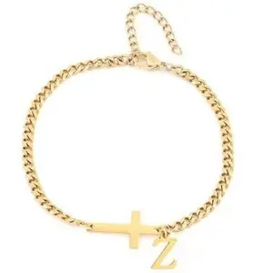 Men's Trendy Casual Bracelet Simple Cross Charm & Letter Z Link Design Golden EN Fashion Accessory for Daily Wear