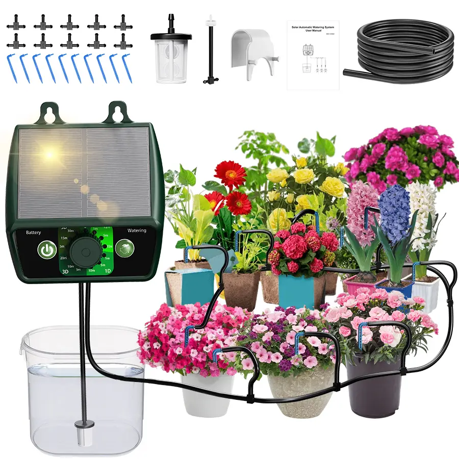 MQHUAYU 1 Set Solar-Powered Automatic Drip Irrigation Set - 1.1W Setup, 12 Timing Modes, Watering Timer, Water-Saving for Outdoor Gardens & Greenhouses, Garden Irrigation Outdoor Accessories