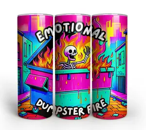 Emotional Dumpster Fire Skinny Tumbler, Sarcastic Skeleton Skull Funny Snarky Stainless Steel Tumbler 20oz